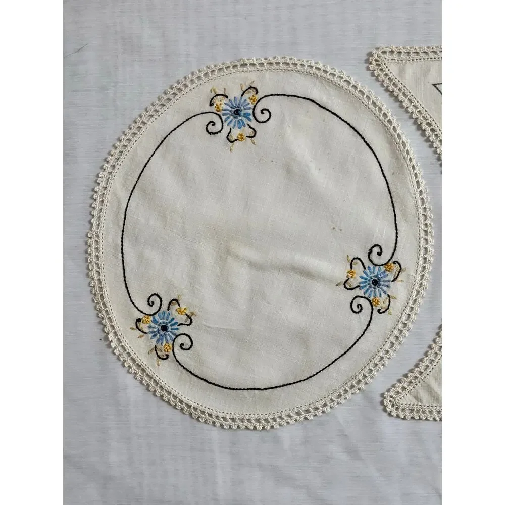 Vintage 3pc Set Embroidered Table Runner Dresser Scarf Blue Gold Floral AS IS